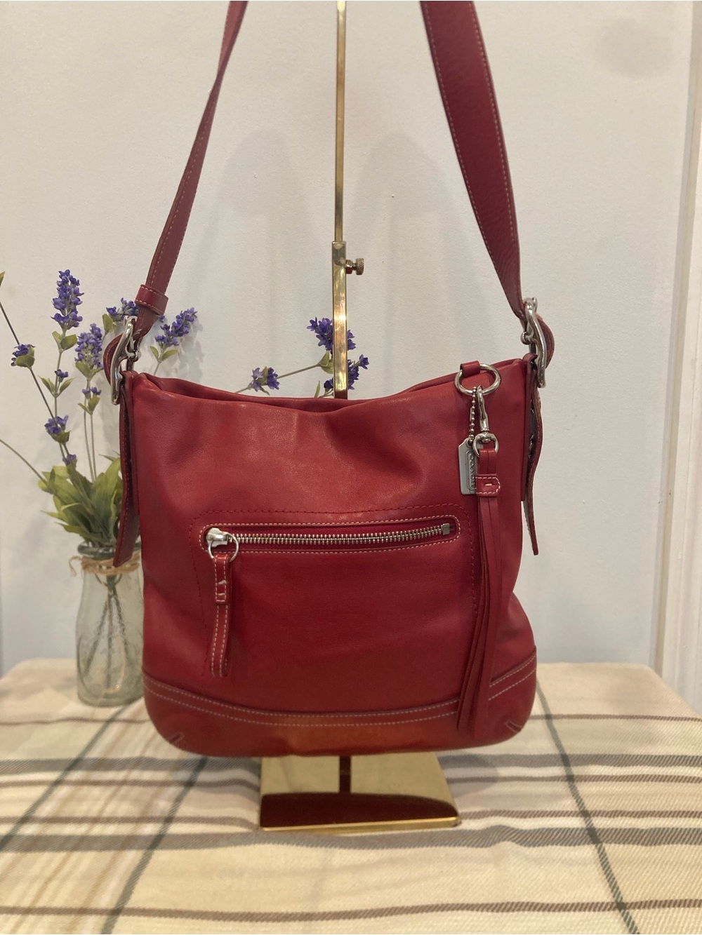 Vintage Coach Red Leather Slim Hobo Shoulder Bag